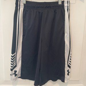 Under Armor youth size Large black shorts with white accents.